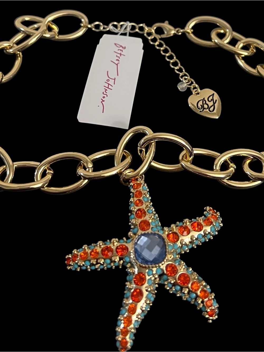 Betsey Johnson Gold-Tone Chain Necklace with Orange & Aqua Starfish Pendant - Picture 2 of 16